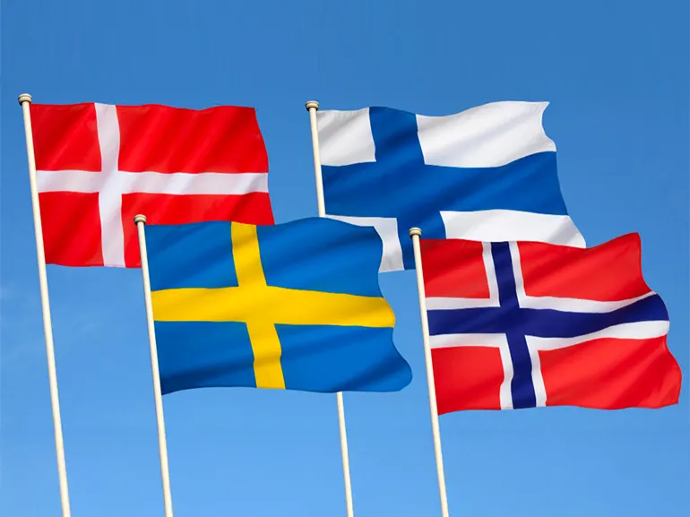 An image of Denmark, Finland, Sweden and Norway flags