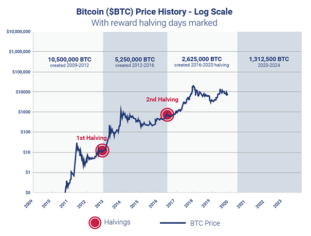Grafiek die de impact van de Halveringen op de Bitcoin-prijzen laat zien.