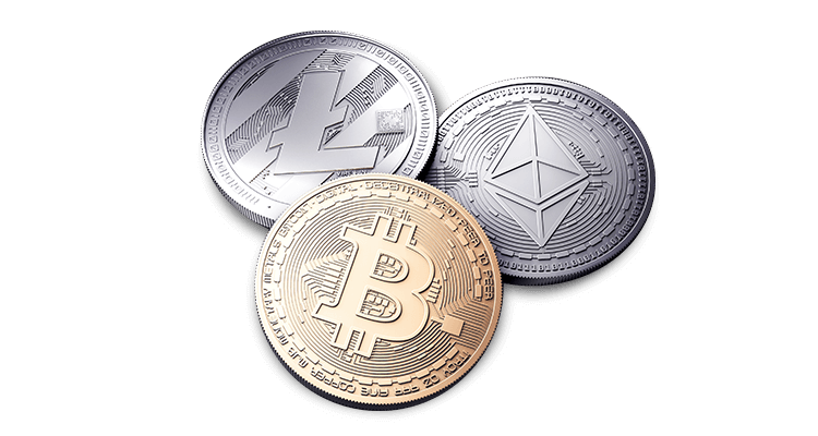 Coins of Bitcoin, Ethereum and Litecoin