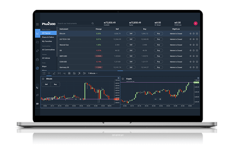 Laptop con la schermata di trading Bitcoin sulla piattaforma Plus500.