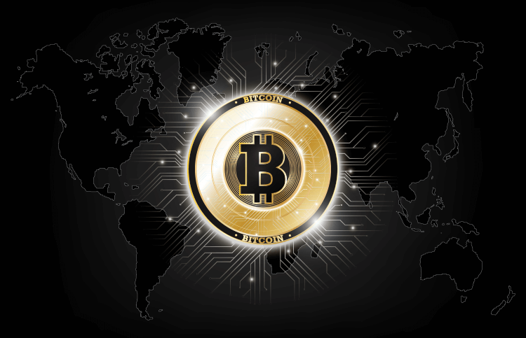 World map with Bitcoin image in the center.