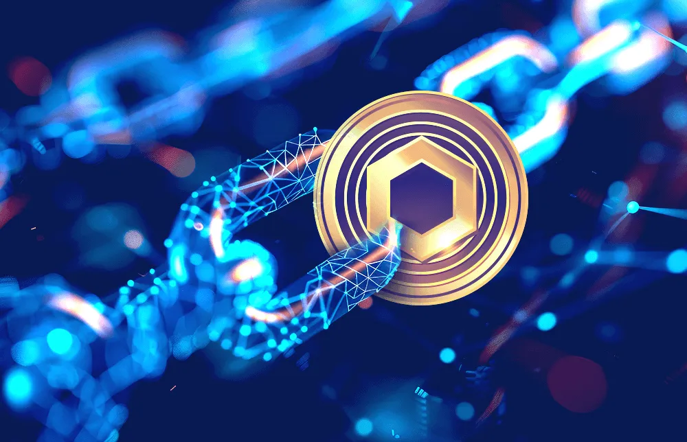 An illustration of a futuristic blockchain concept and the Chainlink coin