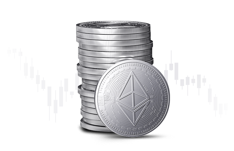 Stříbrné mince kryptoměny Ethereum.