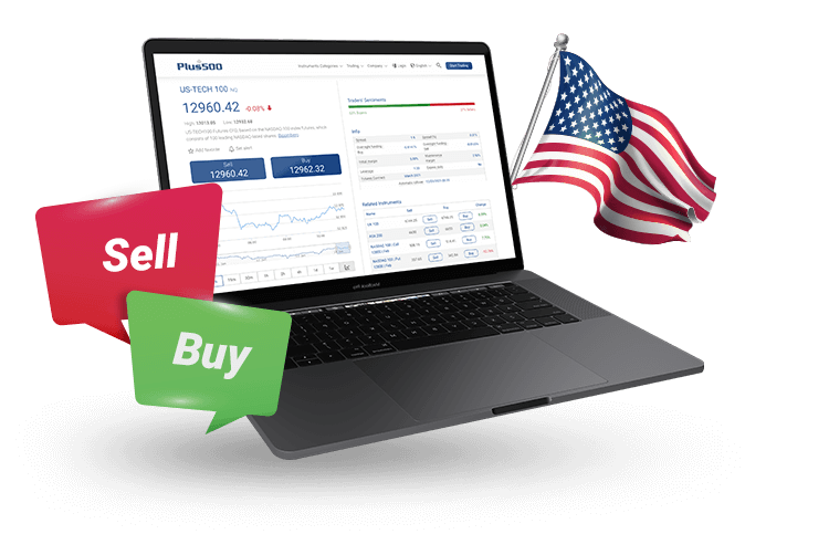 U.S. flag, buy and sell thought bubbles and Computer on Nasdaq instrument page.