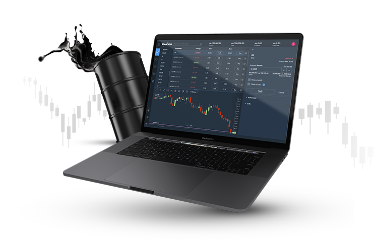 Baryłka ropy oraz laptop pokazujący ekran handlowy ropy na platformie Plus500.