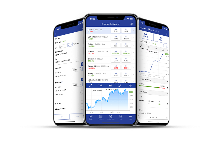 Three iPhones showing screens related to options trading in the Plus500 platform.