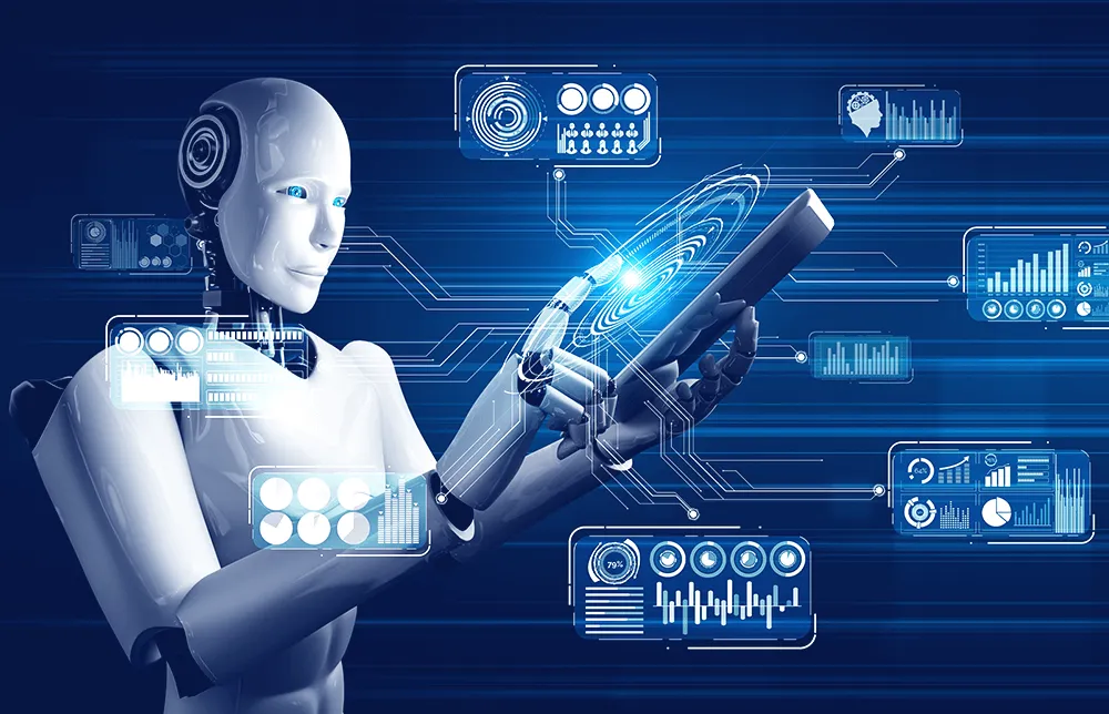 An illustration of a robot using a smart phone An illustration of a robot using a smart phone
