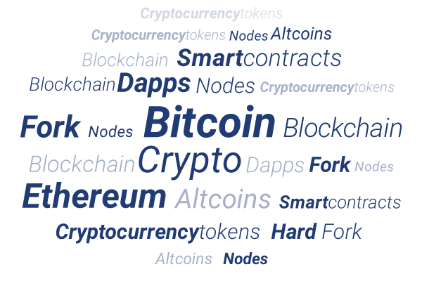 Una nuvola di parole sulle Criptovalute - blockchain, token e altro.