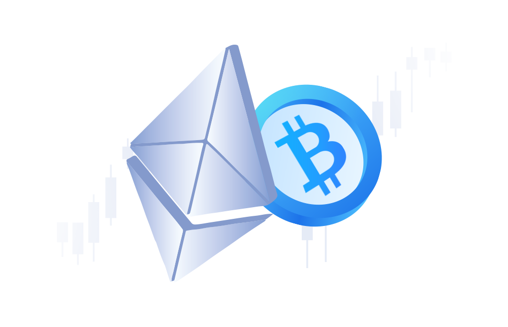 An illustration of a crypto coin with the Bitcoin logo and the Ethereum logo
