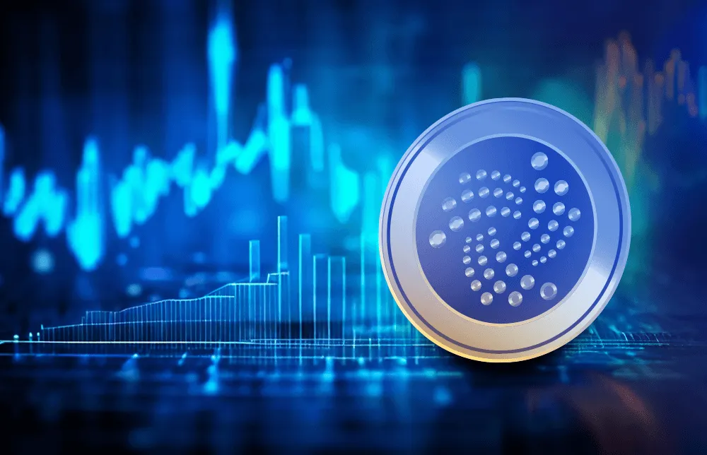 Ilustracja przedstawiająca kryptomonetę IOTA z wykresami w tle. Ilustracja przedstawiająca kryptomonetę IOTA z wykresami w tle.