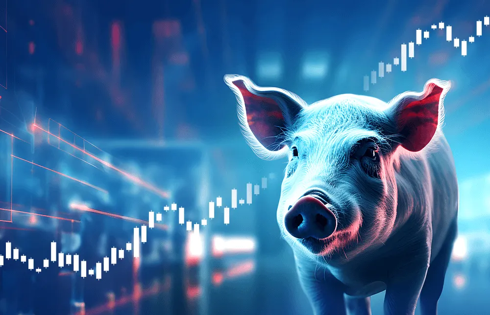 An illustration of a hog in a barn with a background of a chart. An illustration of a hog in a barn with a background of a chart