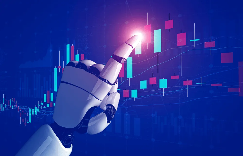 Eine Illustration einer KI-Roboterhand, die ein Trading-Diagramm überträgt.
