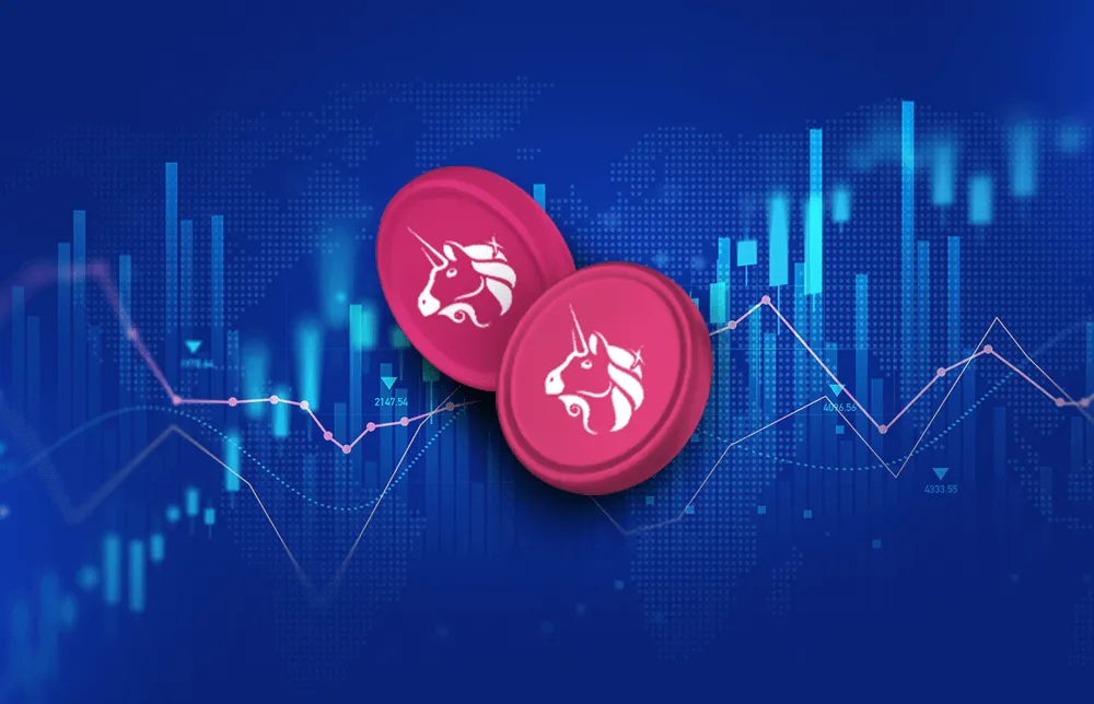 Un'illustrazione del logo della criptovaluta Uniswap con grafici sullo sfondo Un'illustrazione del logo della criptovaluta Uniswap con grafici sullo sfondo