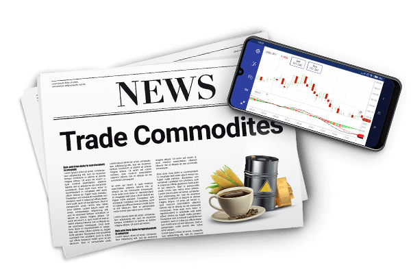 Una pantalla de aplicación para iPhone en un periódico con el título de 'Trade Commodities’.