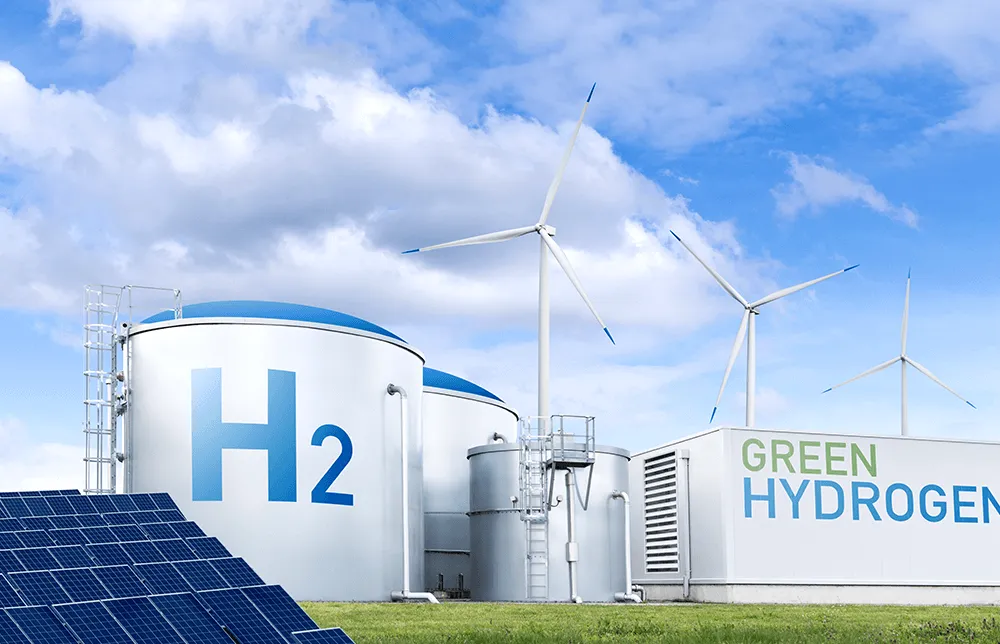 An illustration of wind turbines, solar panels and Hydrogen storage containers.