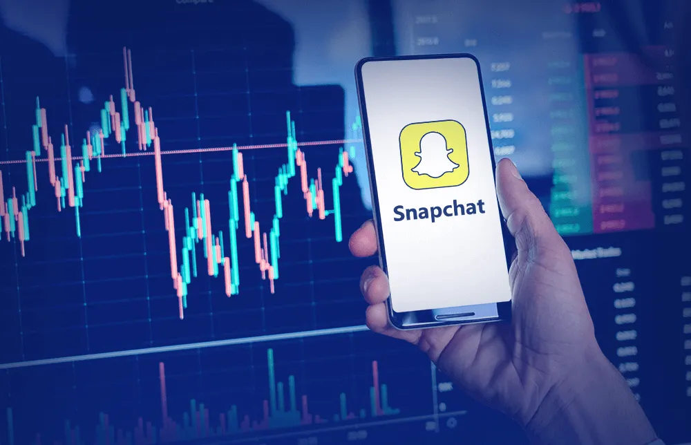 An illustration of a mobile with the Snapchat app and graphs in the background