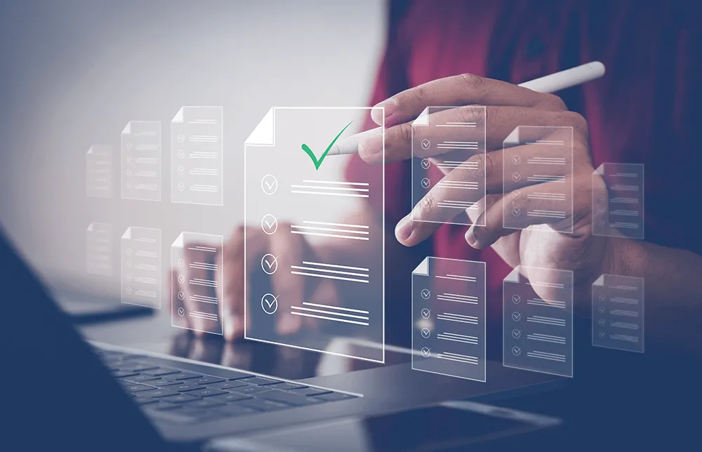 Un'immagine di una persona che interagisce con un'interfaccia virtuale AI per la gestione dei documenti digitali su un PC. Un'immagine di una persona che interagisce con un'interfaccia virtuale AI per la gestione dei documenti digitali su un PC.