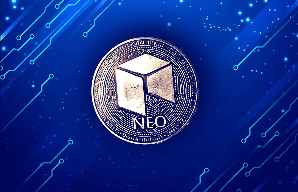 An illustration of the NEO crypto coin on a blockchain technology concept.