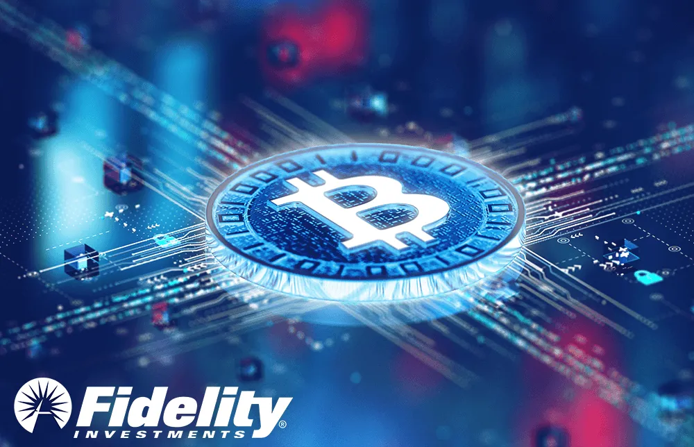 An image of a futuristic blockchain concept with a Bitcoin coin and the Fidelity brand