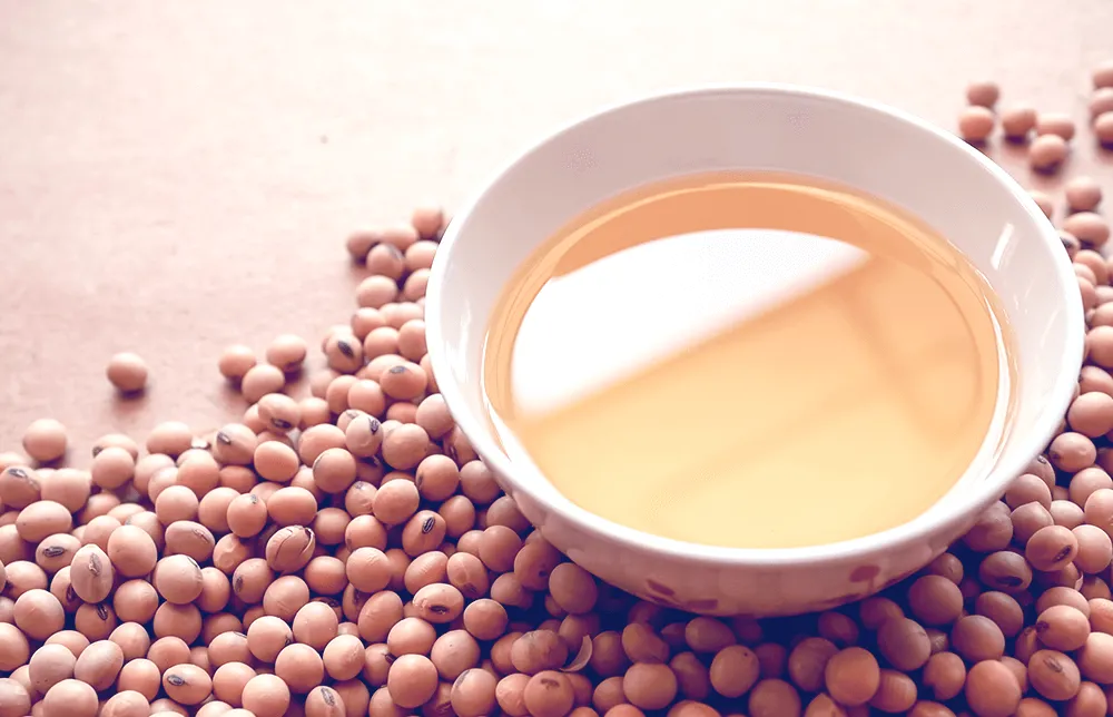 An image of soybeans and a bowl of soybean oil